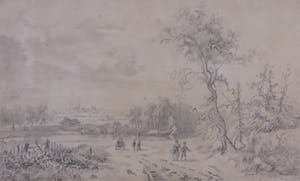 Niet of onleesbaar gesigneerd - Grafiet, Tekening van een landschap met figuren en een boom kopen? Bied vanaf 1!