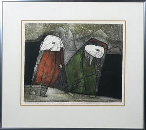 Harry van Kruiningen - Gemengde techniek op papier, Gilgamesj en Enkidu op reis - Ingelijst kopen? Bied vanaf 150!