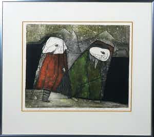 Harry van Kruiningen - Gemengde techniek op papier, Gilgamesj en Enkidu op reis - Ingelijst verkocht voor € 150!