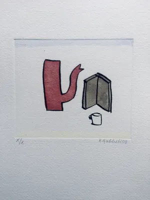 Klaas Gubbels - ets met aquarel ingekleurd - ‘Rode kan met boek’ kopen? Bied vanaf 245!