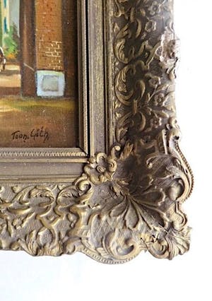 Niet of onleesbaar gesigneerd - Middeleeuwse Stadspoort Amsterdam met figuren - handgesigneerd: T. Guth? kopen? Bied vanaf 1!