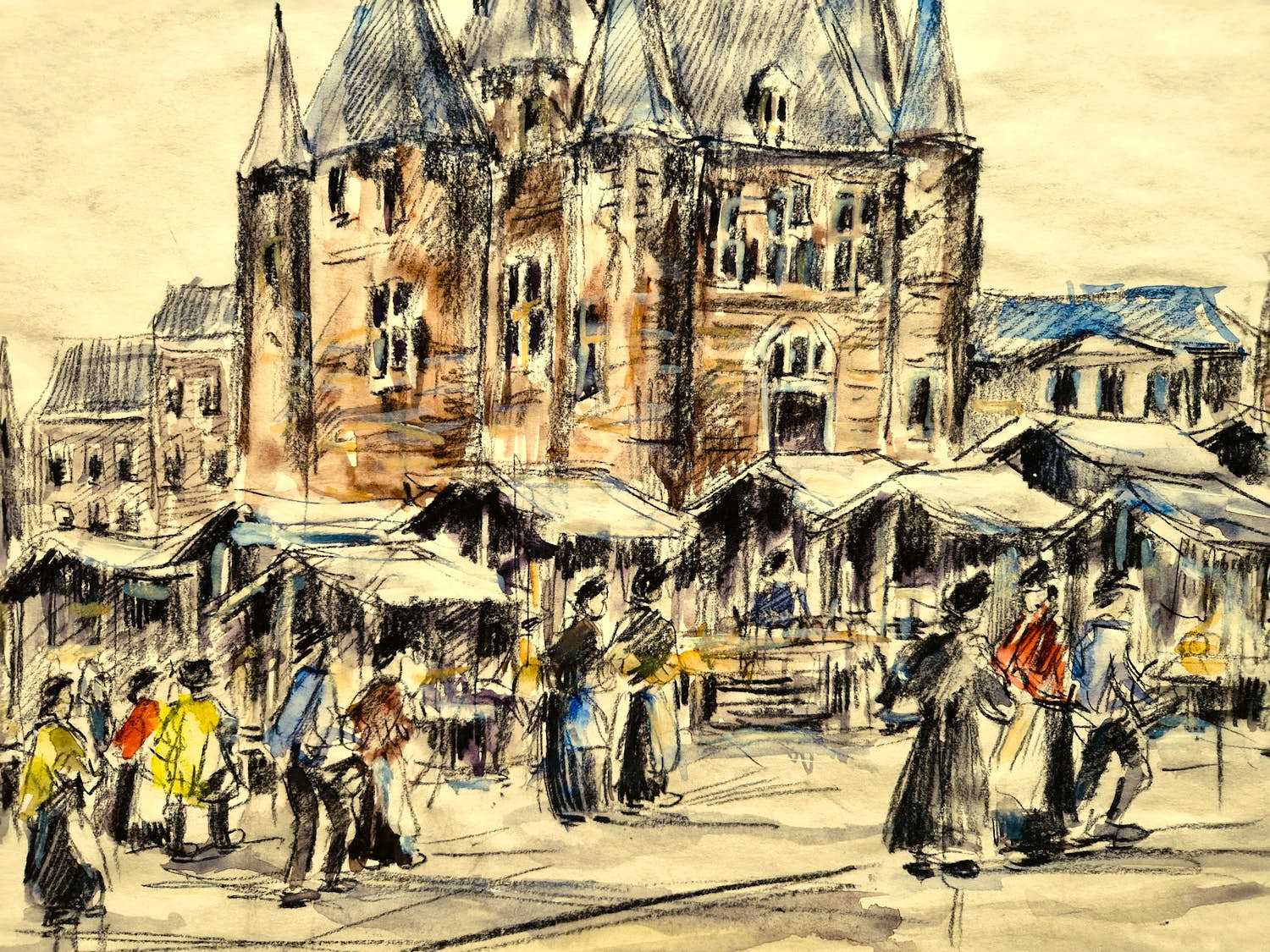 Niet of onleesbaar gesigneerd - Leuke vlot geschilderde jaren 50 Aquarel "Nieuwmarkt Amsterdam" kopen? Bied vanaf 1!