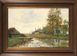 Niet of onleesbaar gesigneerd - Olieverf op doek, Landschap met boerenerf - Ingelijst verkocht voor € 10!