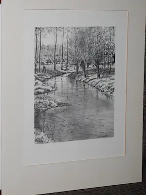 Ad van der Kop - Riviertjes bij Gulpen Limburg, winter - 2 litho's, in passepartout en lijst kopen? Bied vanaf 20!