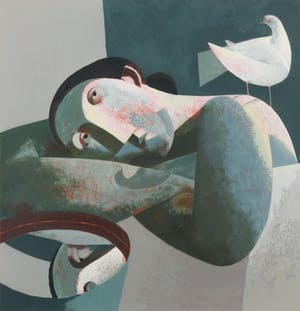 Peter Harskamp - Zeefdruk, Vrouw met duif en waterkom - Ingelijst kopen? Bied vanaf 100!