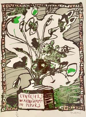 Pierre Alechinsky - kleurenlitho - 'l' Encrier un arrangement de fleurs' - 1997 verkocht voor € 950!