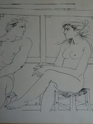 Niet of onleesbaar gesigneerd - Litho , “Naakte kunstenaar met naakt model“ – gesigneerd & ingelijst – nr 69/150 kopen? Bied vanaf 1!