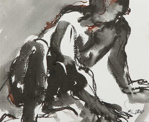 Franscz Witte - Aquarel, Zittend figuur in zwart kopen? Bied vanaf 20!