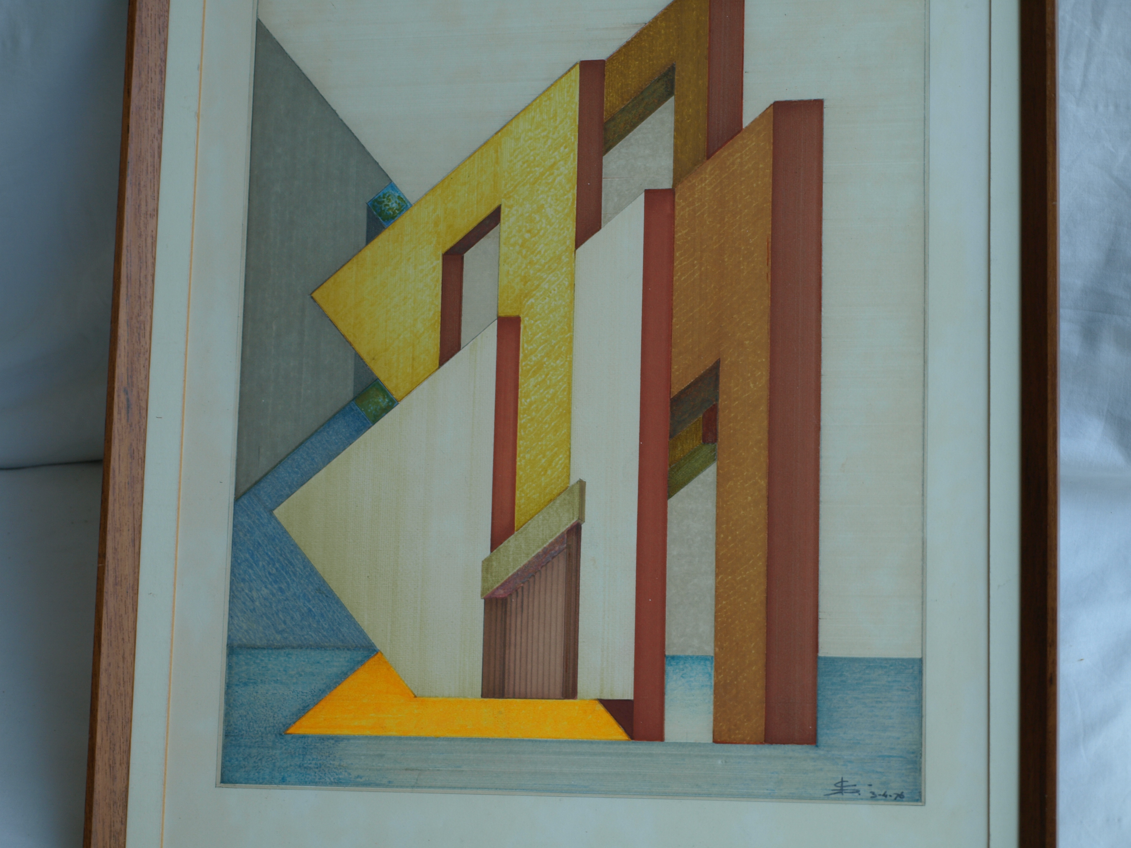 Niet of onleesbaar gesigneerd - Tekening , Bouwwerk – gesigneerd d.m.v. monogram – ingelijst - 1976  kopen? Bied vanaf 1!