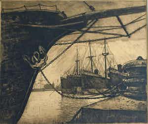 Ton Meyer - Ets, Havengezicht – Enkhuizen? - gesigneerd & ingelijst - 1923 verkocht voor € 10!