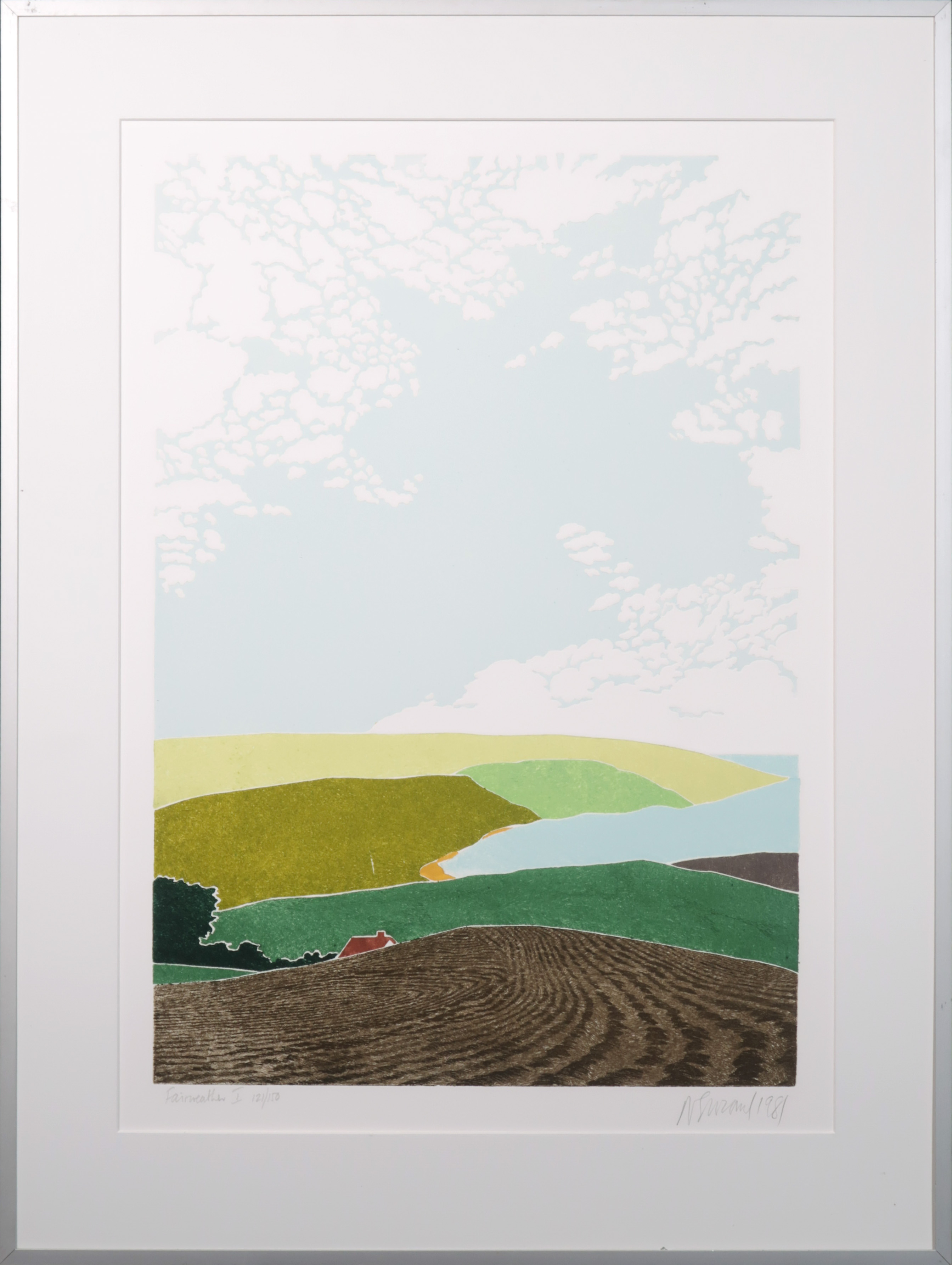 Barbara Newcomb - Kleurenlitho en blinddruk, Fairweather I - Ingelijst verkocht voor € 50!