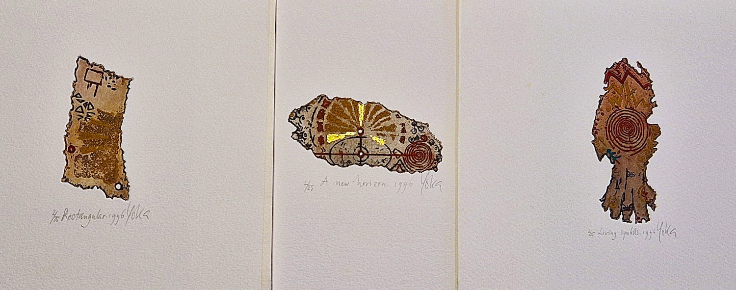 Yoka Voorbach - DRIE abstracte handgekleurde reliëf etsen - zeer kleine oplage (25) kopen? Bied vanaf 48!