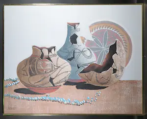 Lee Reynolds Burr - Olieverf op doek, Stilleven met aardewerk - Ingelijst (Groot) kopen? Bied vanaf 50!