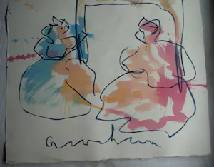 Anton Heyboer - Acryl en pastel , 2 Vrouwen & het Dier – 107 x 79 cm. kopen? Bied vanaf 150!