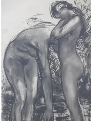 Willem van Dort - Twee badende vrouwen - Tekening/houtskool kopen? Bied vanaf 50!
