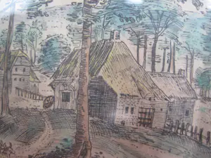 Niet of onleesbaar gesigneerd - Hand ingekleurde ets van een dorpsgemeenschap. kopen? Bied vanaf 1!