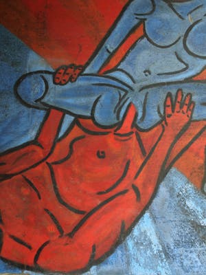 Niet of onleesbaar gesigneerd - Acrylverf op paneel , “Erotische voorstelling” – groot, 100 x 108 cm kopen? Bied vanaf 1!