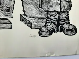 Lou Strik - 2 Houtsnede, Short People gesigneerd, dorpsgezicht druk gesigneerd. kopen? Bied vanaf 40!