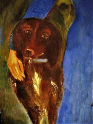 Niet of onleesbaar gesigneerd - GROOT Acryl op doek - Vrouw met hond - collectie hans Jorritsma kopen? Bied vanaf 1!
