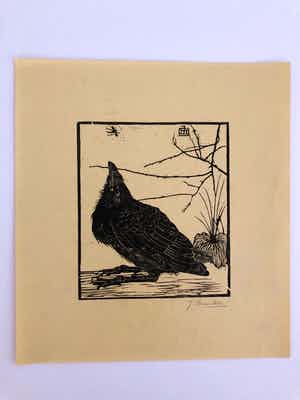 Jan Mankes - Houtsnede kleine kraai kijkend naar mugje - Gesigneerd - 1918 verkocht voor € 395!