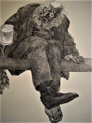 Peter Vos - bekend Utrechts Graficus & illustrator - Litho - "Oude man & uil" - VANAF 10€!!! kopen? Bied vanaf 10!