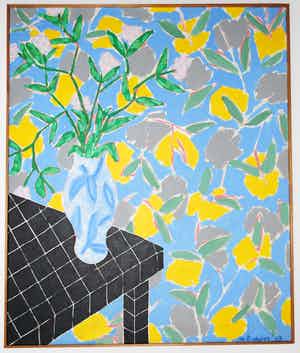 Chris de Bueger - Vaas bloemen op een zwarte tafel - schilderij uit 1973 - Groot: 120x100 cm - verkocht voor € 450!