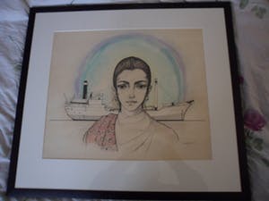 Jan Camphuis - Gemengde techniek op papier, zonder titel ( Meisje en boot ) kopen? Bied vanaf 30!