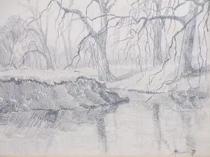 Arend Jan van Driesten - Bosgezicht met vijver - Tekening kopen? Bied vanaf 1!