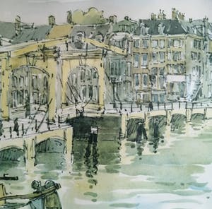 Jan Korthals - (1916-1972) - Magere brug over de Amstel te Amsterdam - 1968 kopen? Bied vanaf 75!