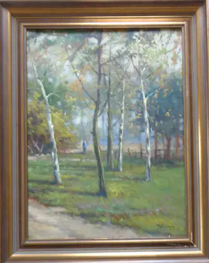Tjerk Wielinga - PERSOON TUSSEN DE BOMEN / OLIEVERF DOEK / 48x38cm / KADER / SIG kopen? Bied vanaf 45!