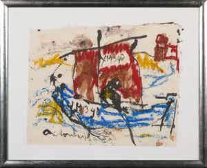 Anton Heyboer - Gemengde techniek op papier, Z.T. Boot - Ingelijst verkocht voor € 1!