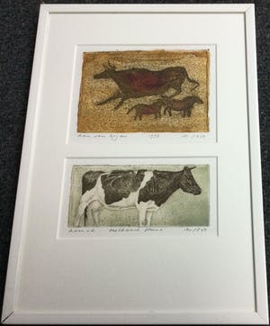 Han van Hagen - Dubbele kleurets/aquatint met koeien | Grottekening & Melkunie prent kopen? Bied vanaf 49!