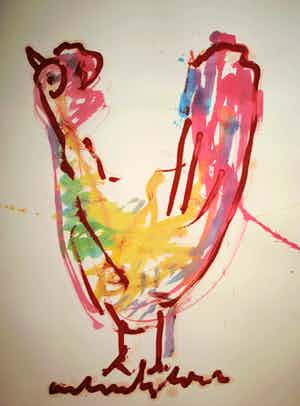 Anton Heyboer - Olieverf en acrylverf, Kip / Oervogel – 107 x 79 cm - ca. 1980 verkocht voor € 125!