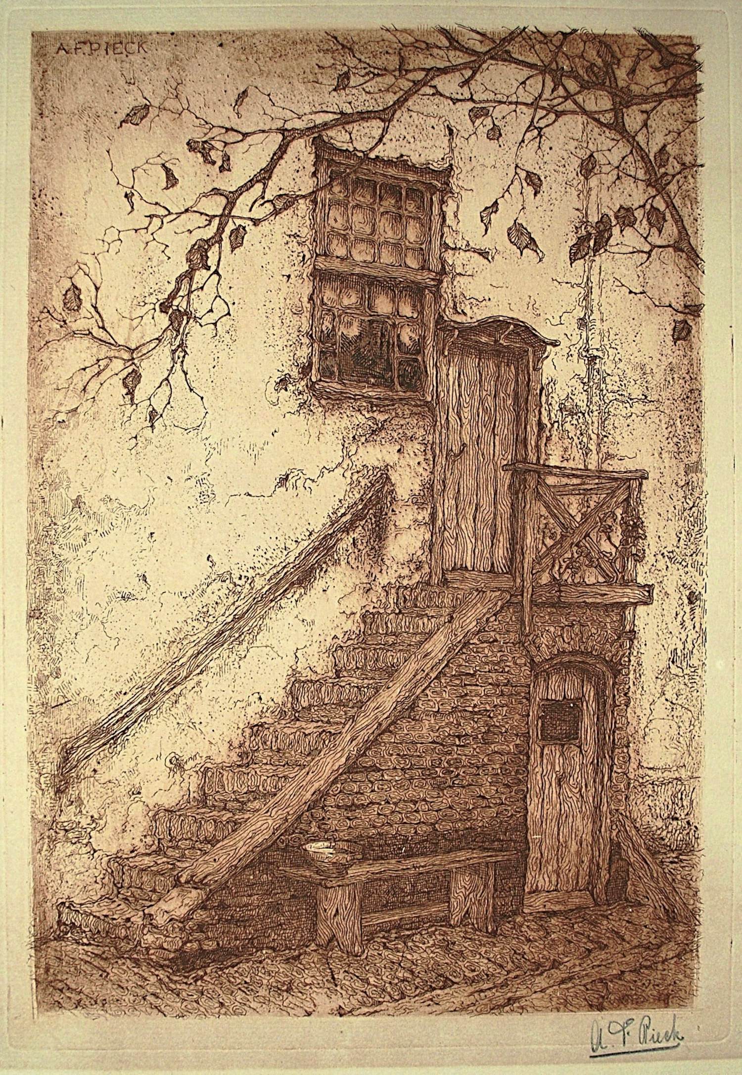 Anton Pieck - De Trap (Montfoort) 1916 - ets in bruin - een van de eerste afdrukken kopen? Bied vanaf 350!