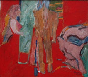 Fred Sieger - Gouache: Interieur met vrouw in rode jurk en man in bruin kostuum kopen? Bied vanaf 250!