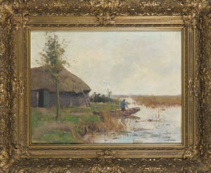 Pieter Schreuder - Olieverf op doek, Landschap met schuuur kopen? Bied vanaf 70!