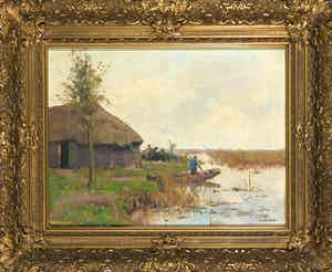 Pieter Schreuder - Olieverf op doek, Landschap met schuuur verkocht voor € 70!