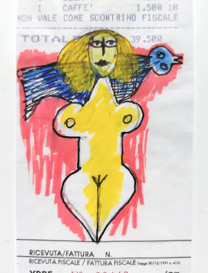 Corneille - Vrouw en vogel op kassabonnen, stifttekeningen op papier (mooi ingelijst) kopen? Bied vanaf 1000!