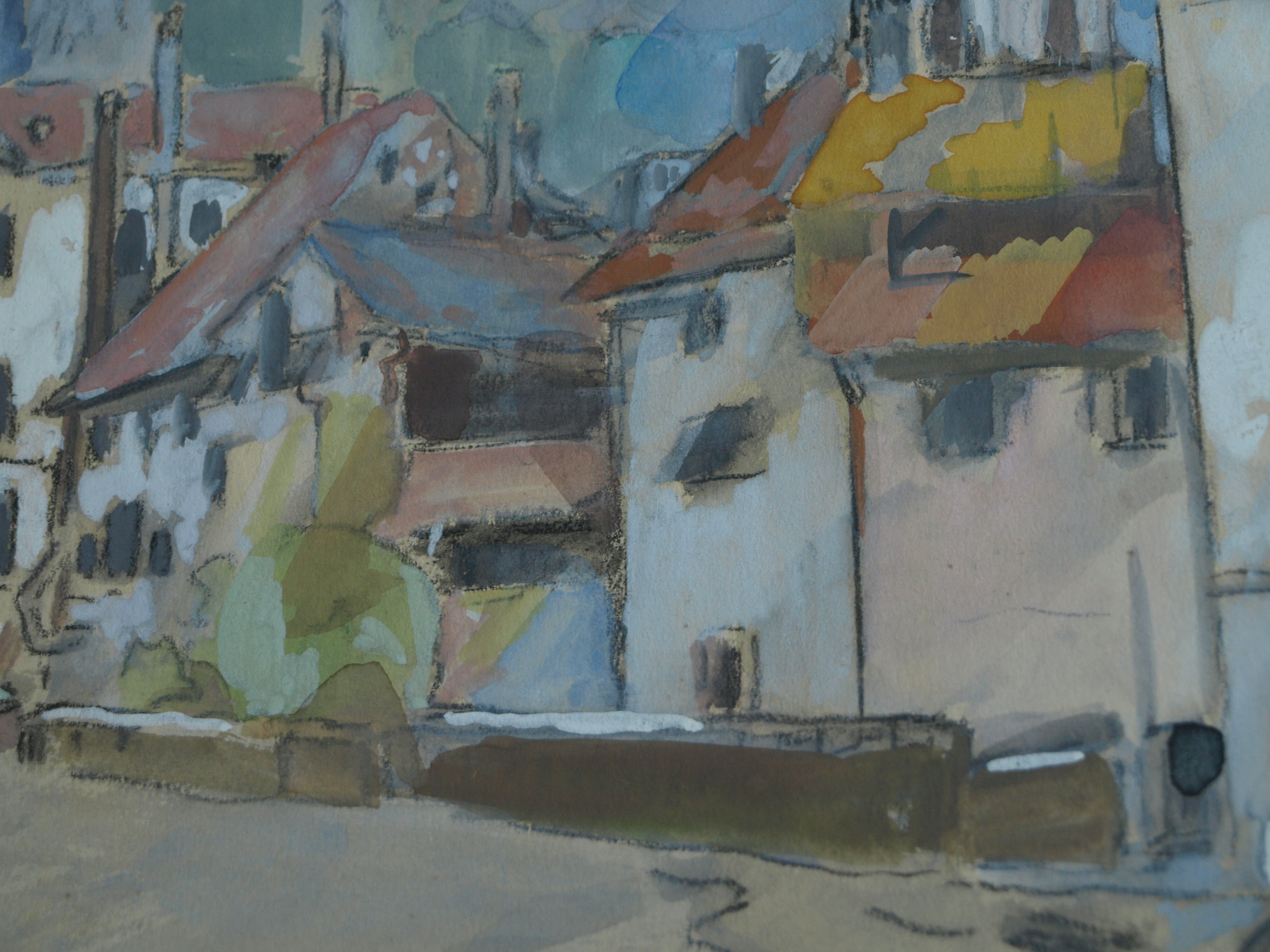 Niet of onleesbaar gesigneerd - Gemengde techniek , Dorpsgezicht – gesigneerd & ingelijst - 1968 kopen? Bied vanaf 1!