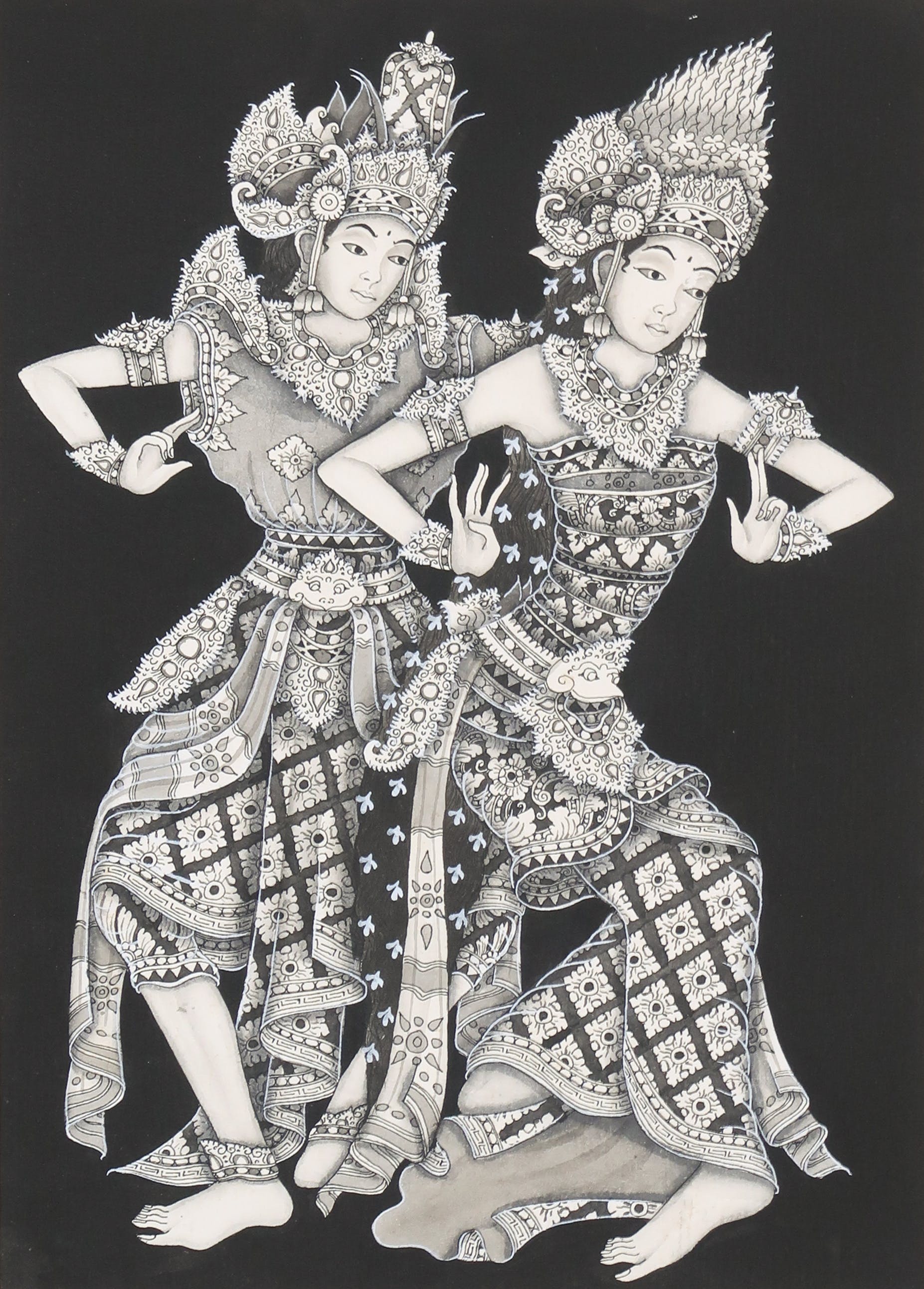 Niet of onleesbaar gesigneerd - Hand ingeschilderde penseeltekening, Balinese danseressen verkocht voor € 1!