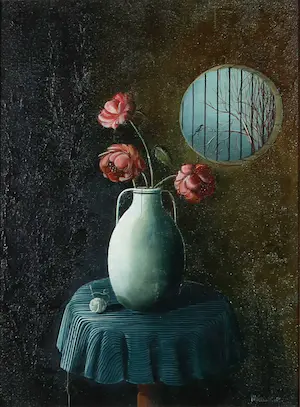 Meine Visser - Olieverf op doek, Stilleven met bloemen en doorkijk kopen? Bied vanaf 50!