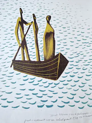 Wally Elenbaas - Mooie kleuren lithografie "de schippers" - proefdruk - gesigneerd kopen? Bied vanaf 57!