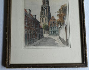 Marius Johannes Janssen - Ingelijste en ingekleurde ets , Onze Lieve Vrouwetoren Amersfoort – ca 1935 kopen? Bied vanaf 1!