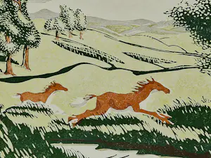 Engelien Reitsma-Valenca - een in 1965 gemaakte kleuren litho "paarden in een landschap" potloodges. kopen? Bied vanaf 46!