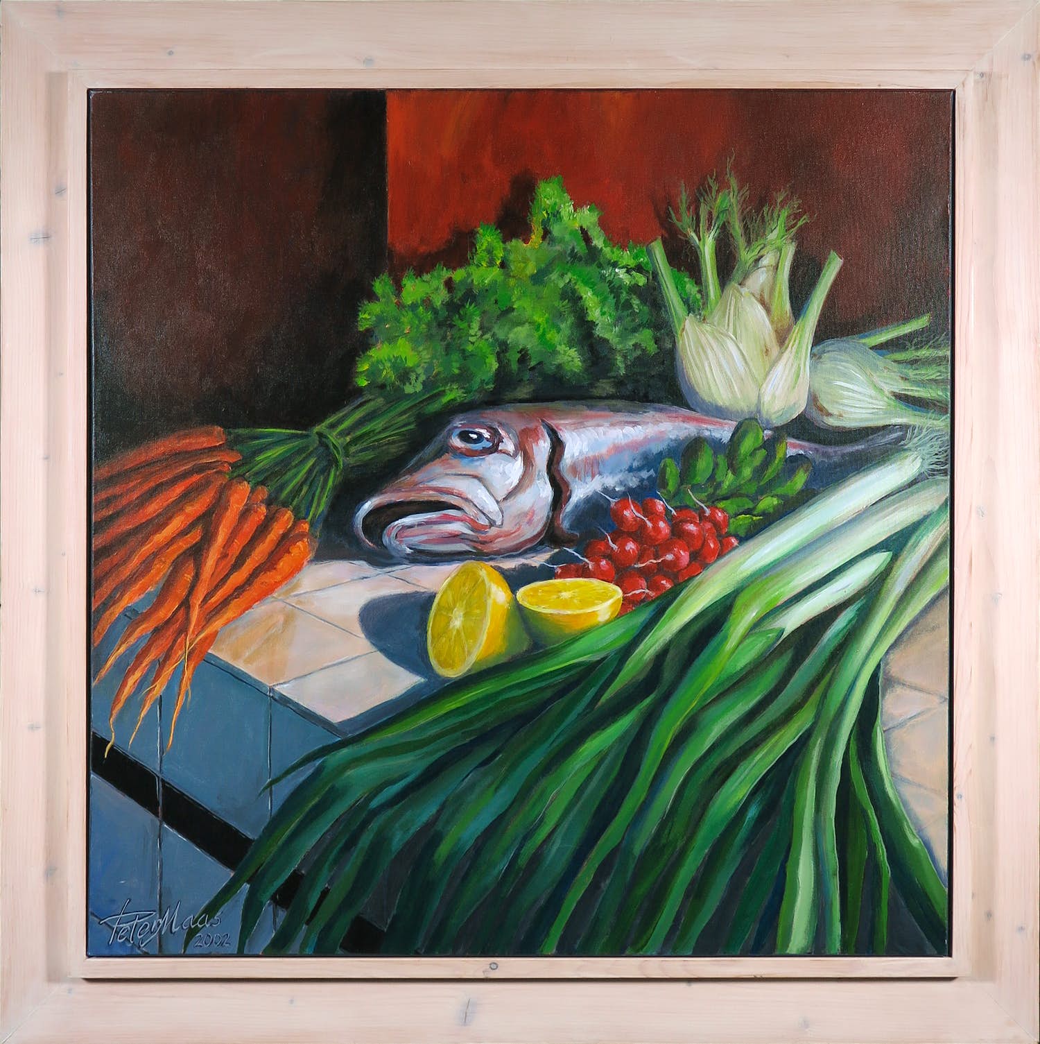 Peter Maas - Olieverf op doek, Stilleven met groenten en vis - Ingelijst verkocht voor € 150!