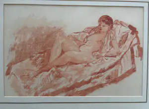 Pieter Starreveld - naakt op sofa in roodkrijt kopen? Bied vanaf 85!