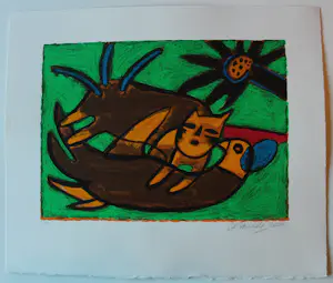 Corneille - Litho: chat et oiseau dans l'herbe - 2000 kopen? Bied vanaf 225!