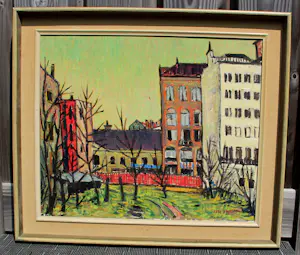 Kees Bastiaans - olieverf op paneel: stadsgezicht kopen? Bied vanaf 1000!