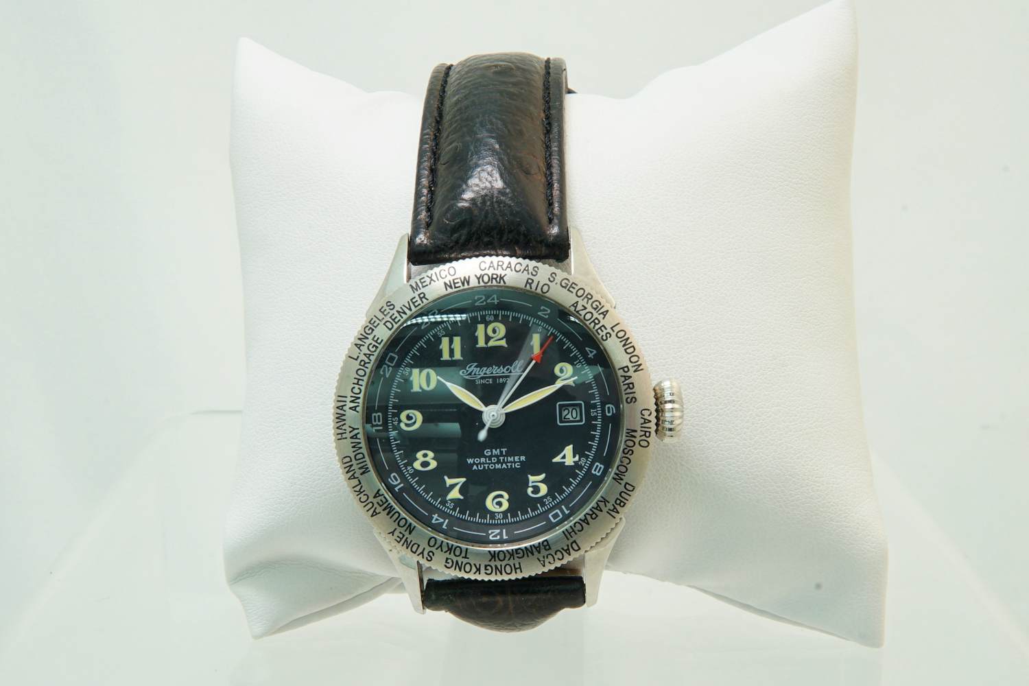 47 - Stalen Herenpolshorloge met zwart lederenband Ingersoll Automatic kopen? Bied vanaf 20!