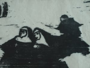 Niet of onleesbaar gesigneerd - Ingelijste houtsnede, Nonnen wandelend in de storm – 1966 kopen? Bied vanaf 1!